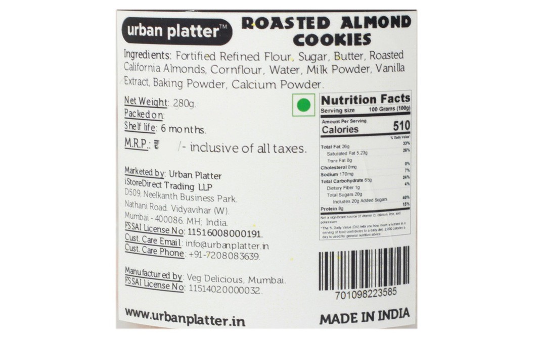 Urban Platter Roasted Almond Cookies    Plastic Jar  280 grams